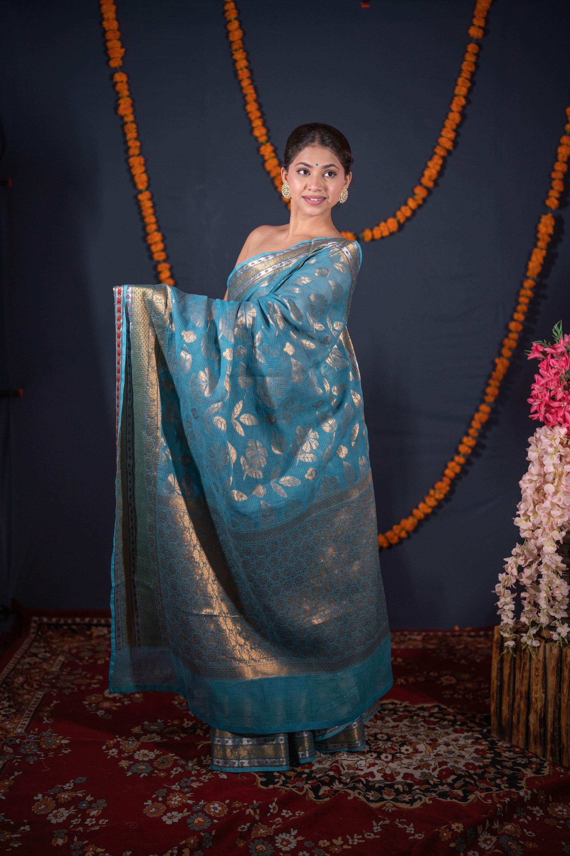 Roopsi- Turquoise Floral Kota Doria Saree