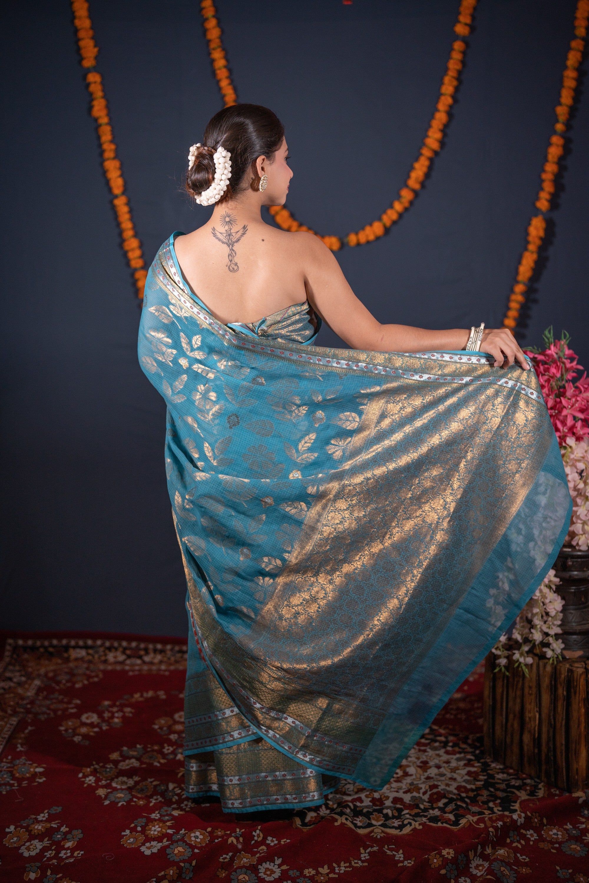 Roopsi- Turquoise Floral Kota Doria Saree