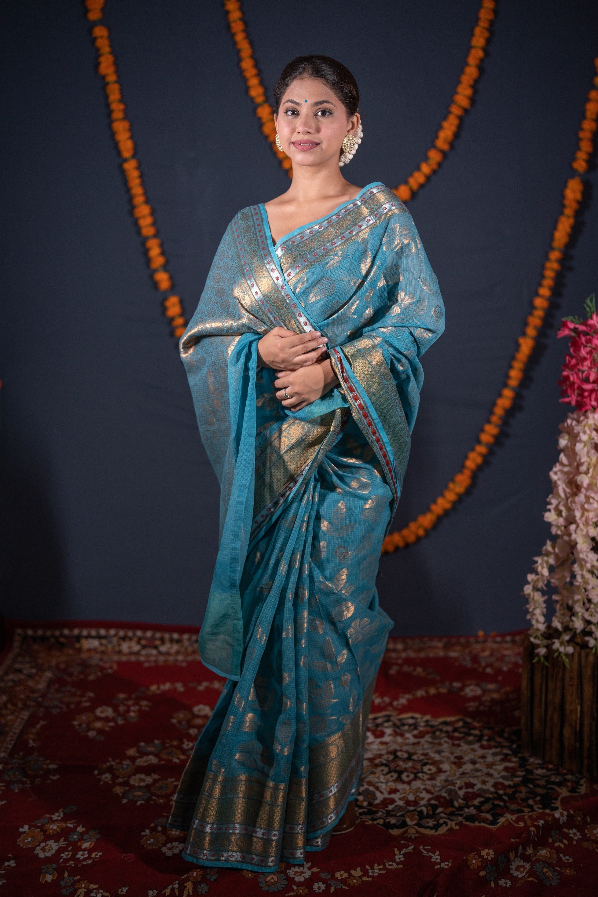 Roopsi- Turquoise Floral Kota Doria Saree