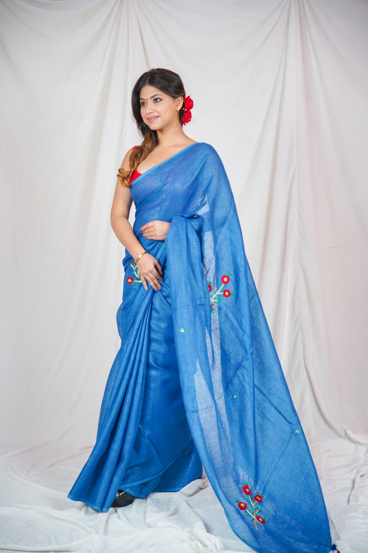 Floral Fantasy- Blue Linen Saree