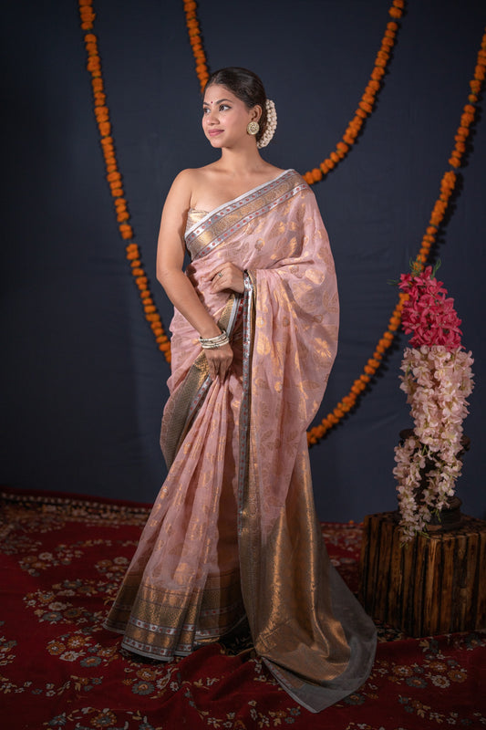 Madhurika- Pink Grey Kota Doria Saree