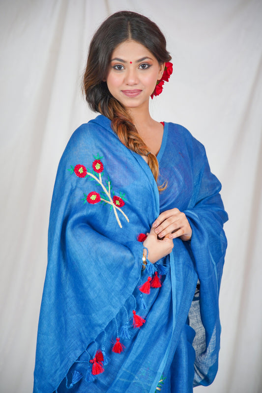 Floral Fantasy- Blue Linen Saree