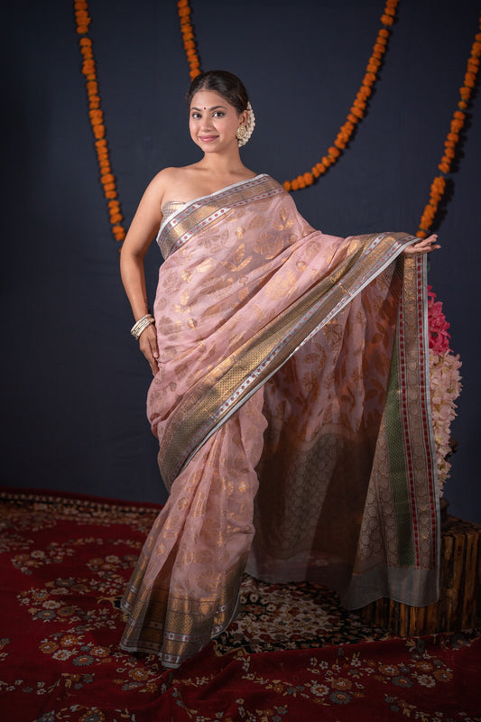 Madhurika- Pink Grey Kota Doria Saree