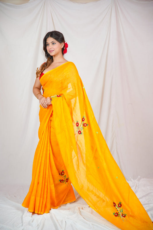 Sunflower Splendor: Yellow Linen Saree