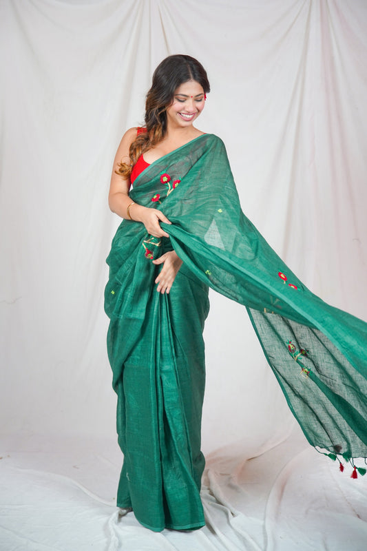 Botanical Beauty - Green Linen Saree