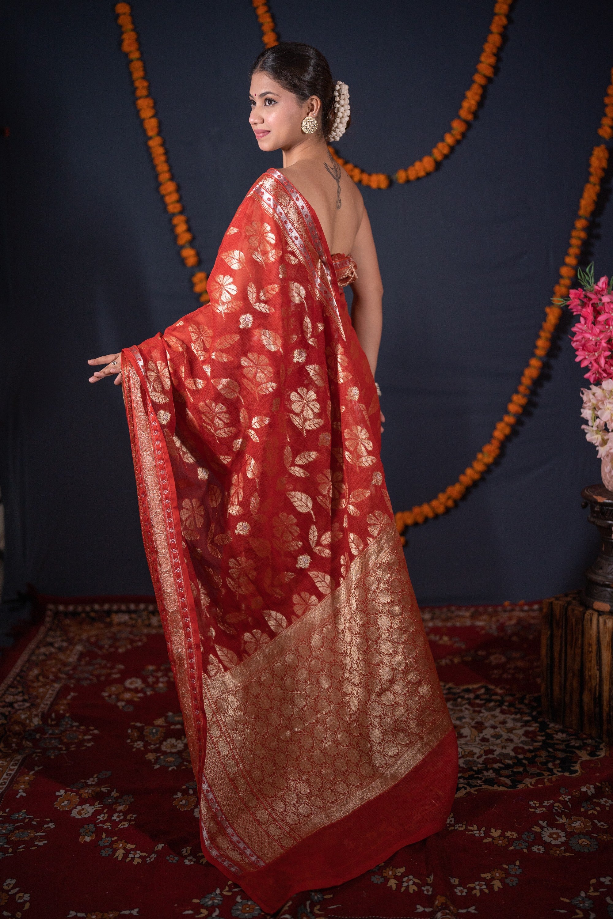 Ruchira- Red Floral Kota Doria Saree