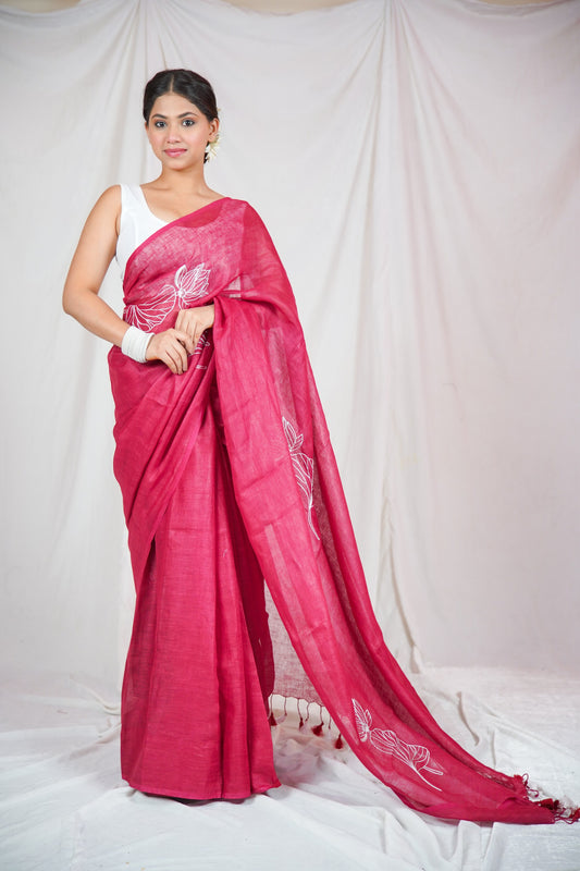Enchanted Elegance: Wine Linen Saree