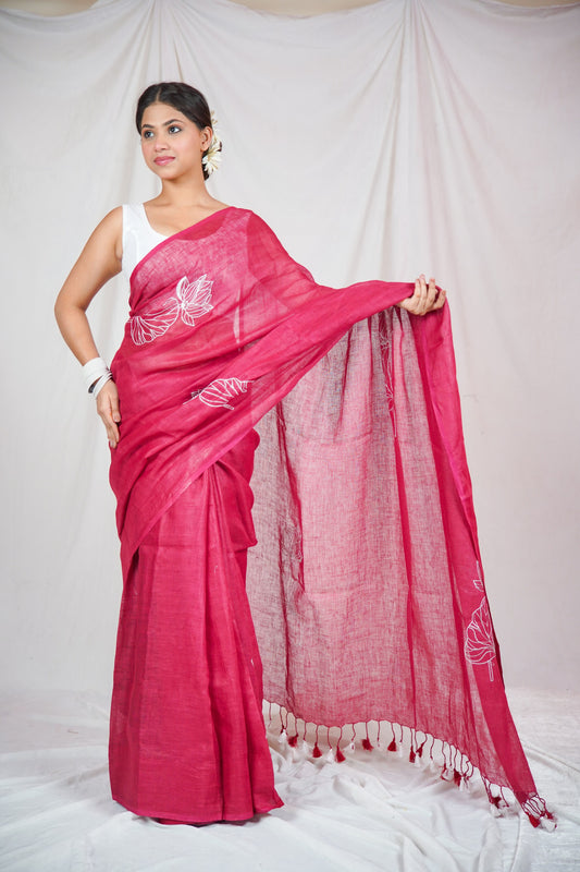 Enchanted Elegance: Wine Linen Saree