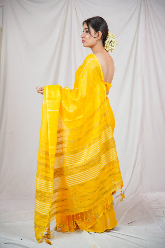 Swarna Rekha - Yellow Striped Linen Saree