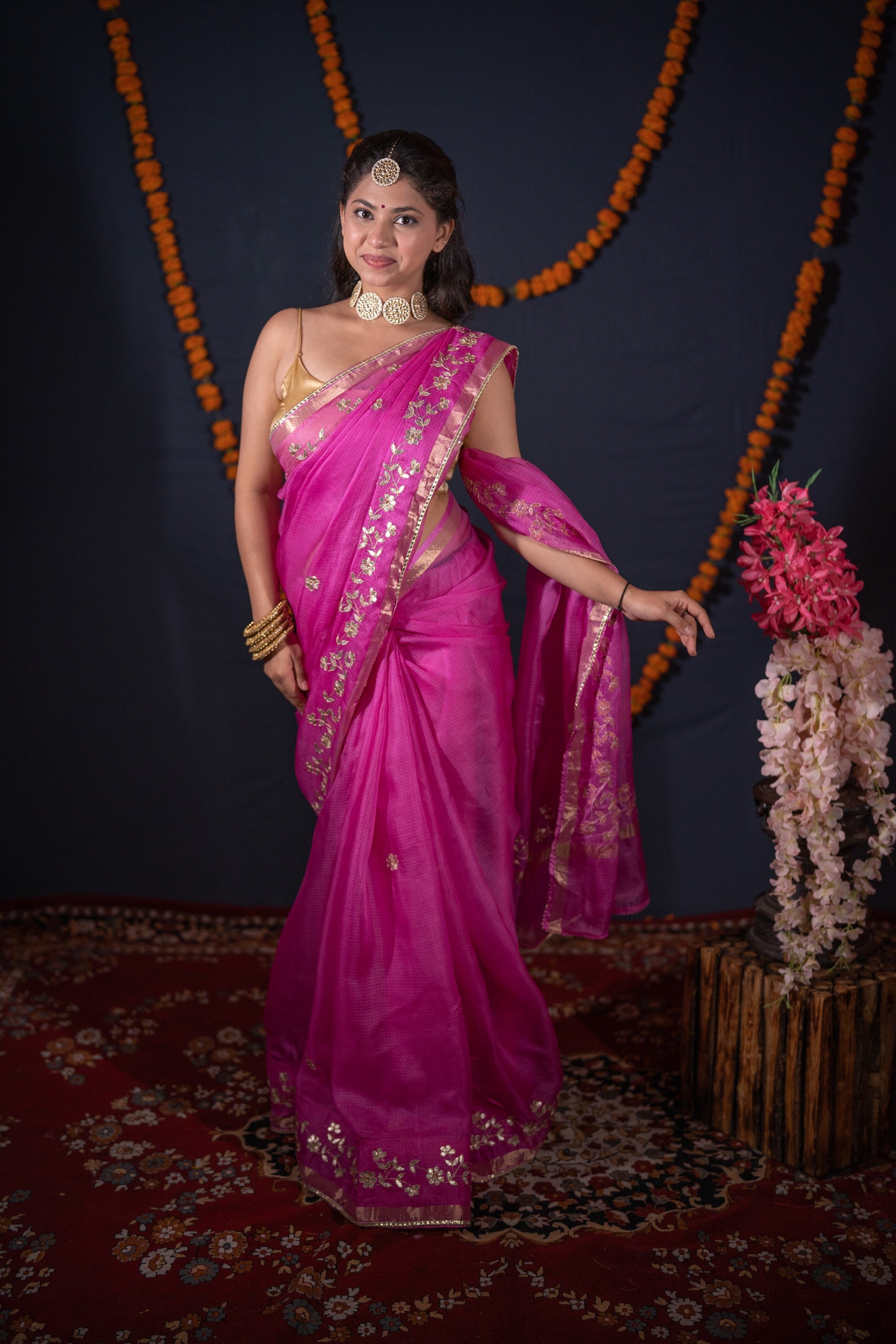 Madhurima- Pink Floral Gota Saree