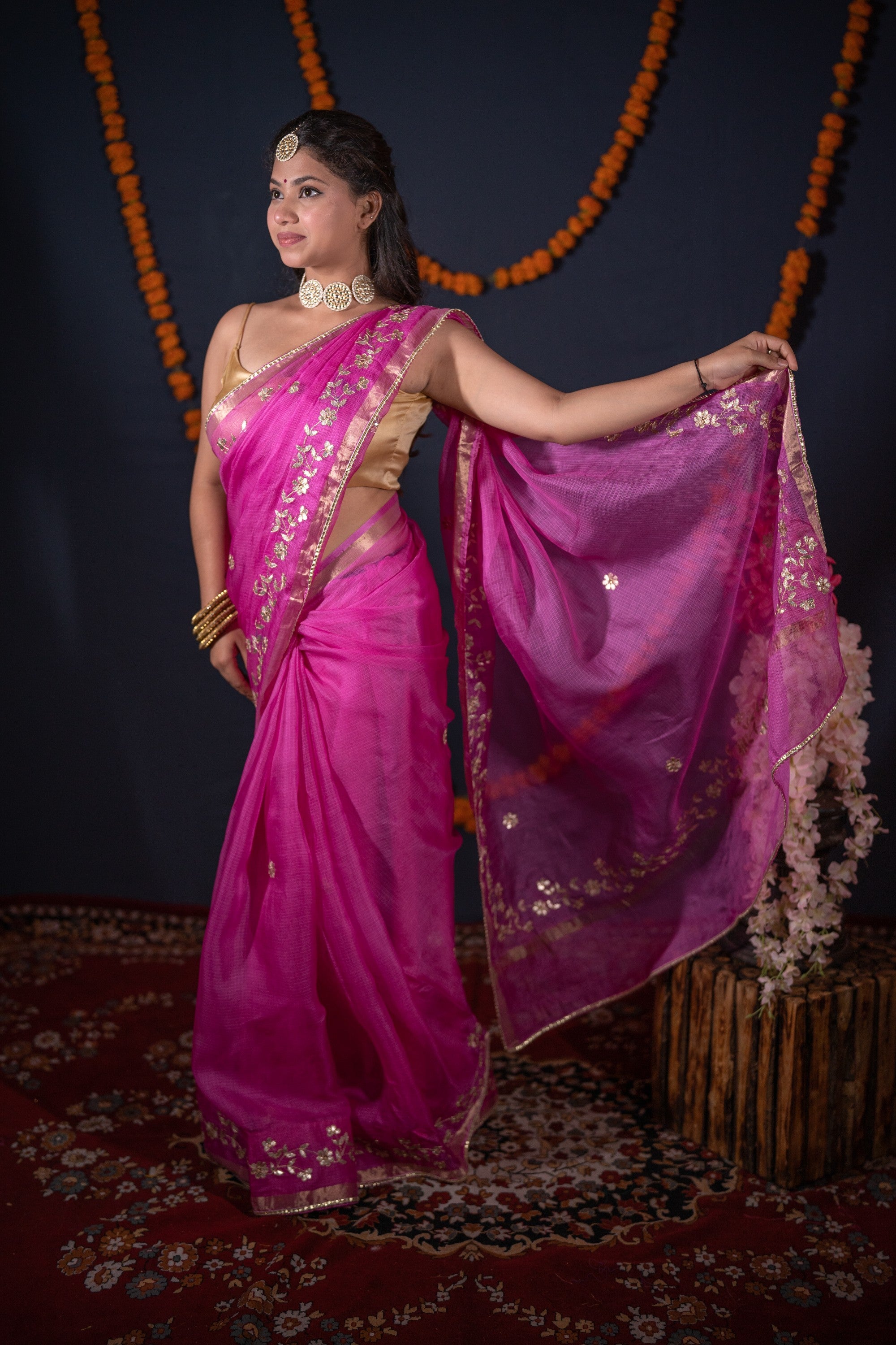 Madhurima- Pink Floral Gota Saree