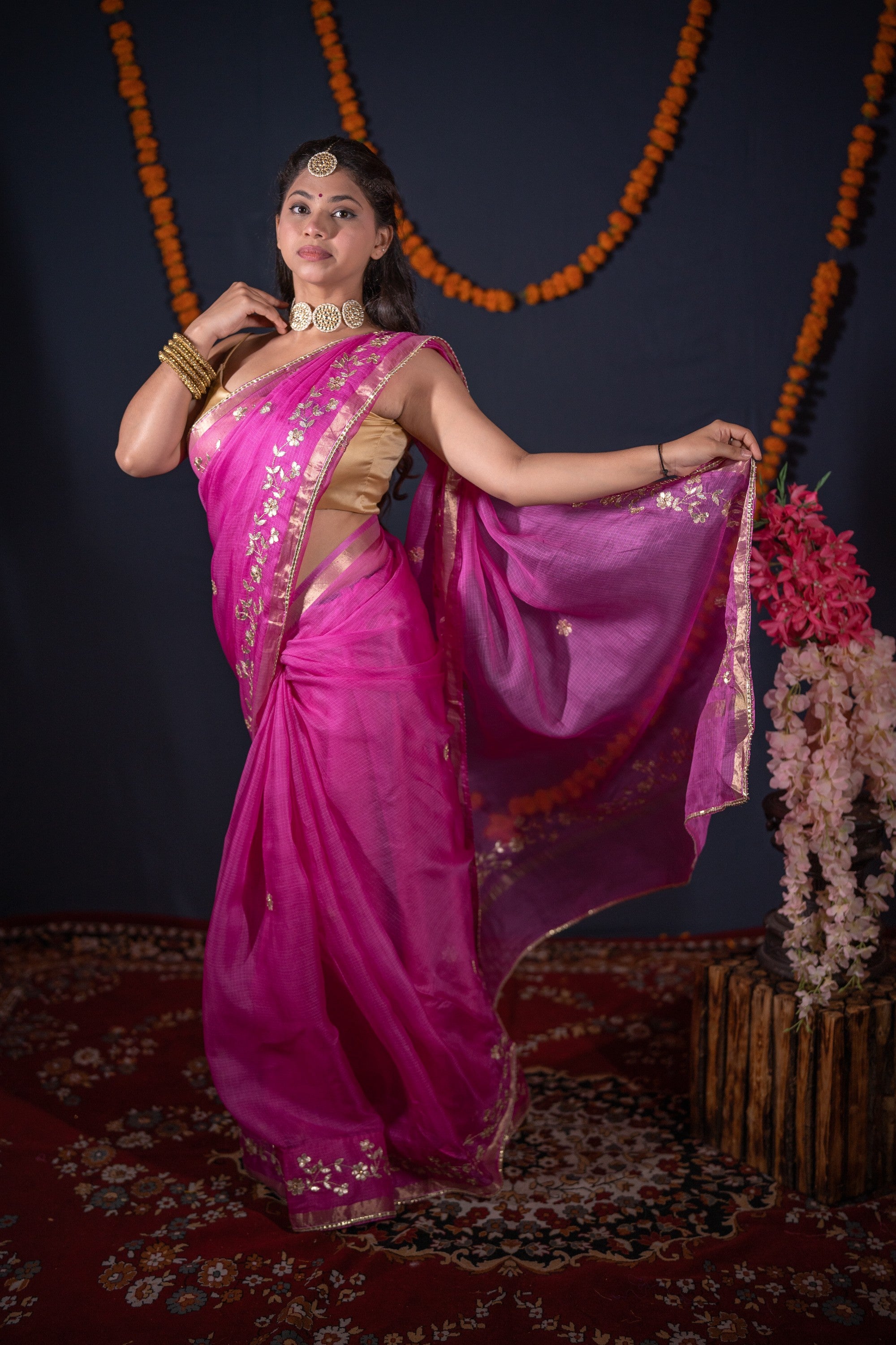 Madhurima- Pink Floral Gota Saree