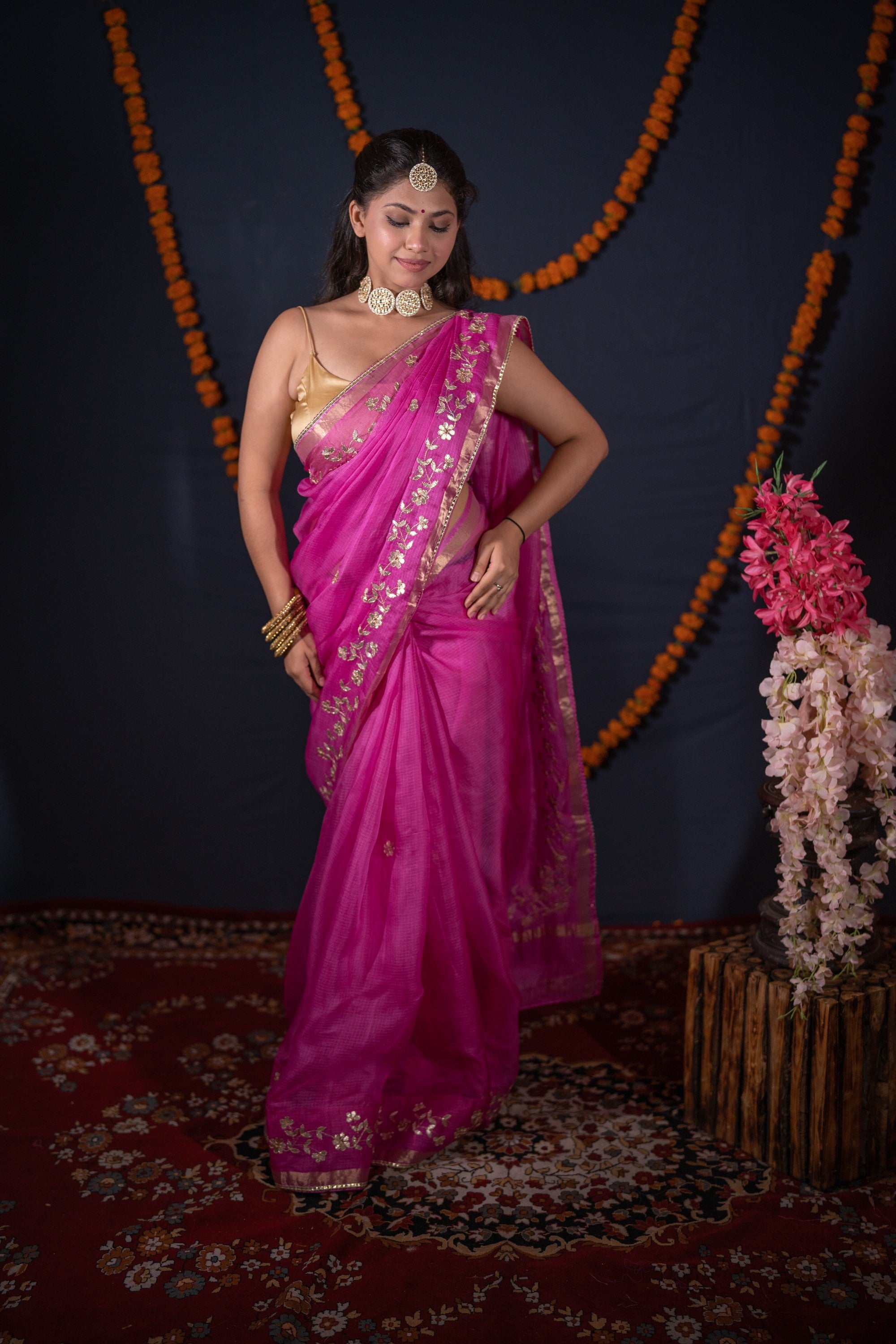 Madhurima- Pink Floral Gota Saree