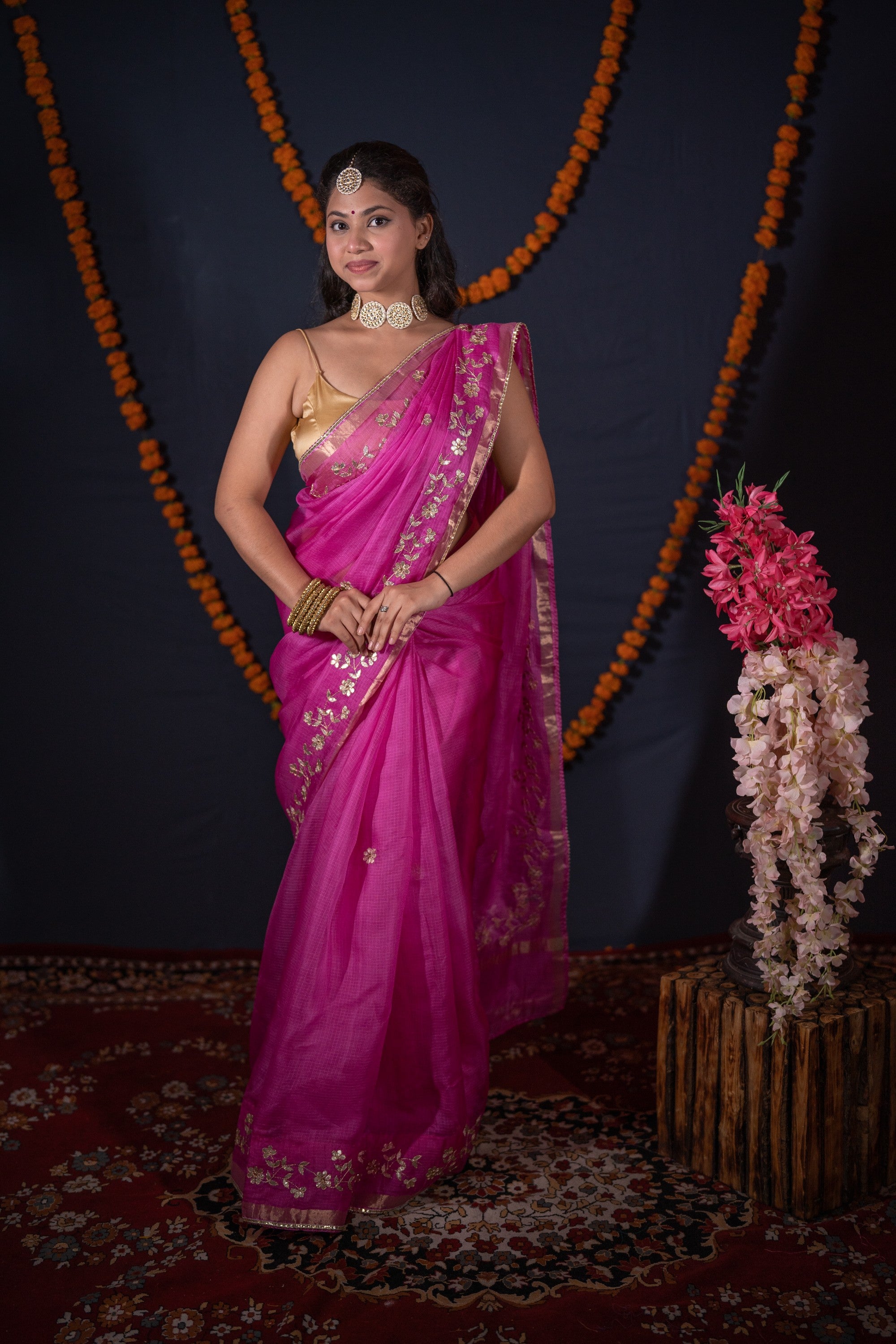 Madhurima- Pink Floral Gota Saree
