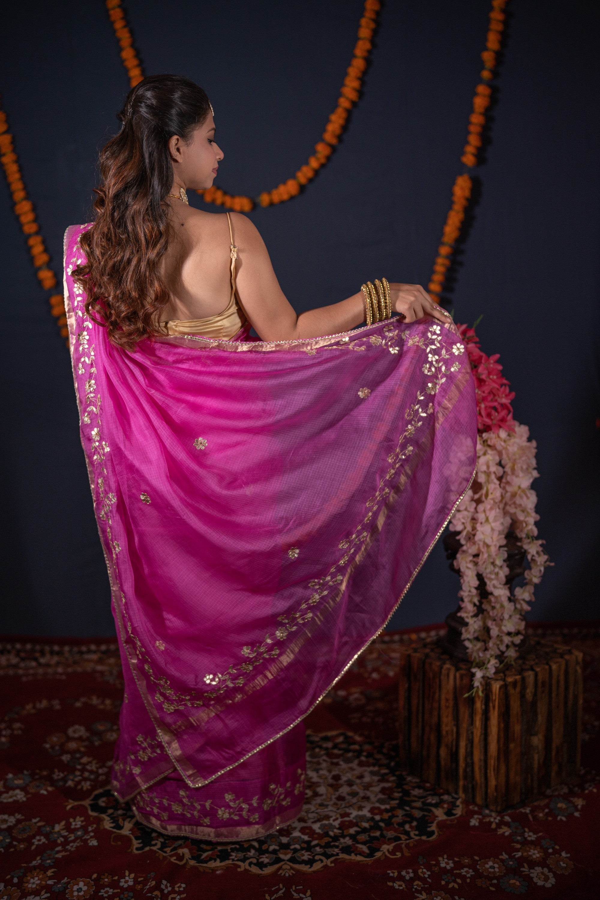 Madhurima- Pink Floral Gota Saree