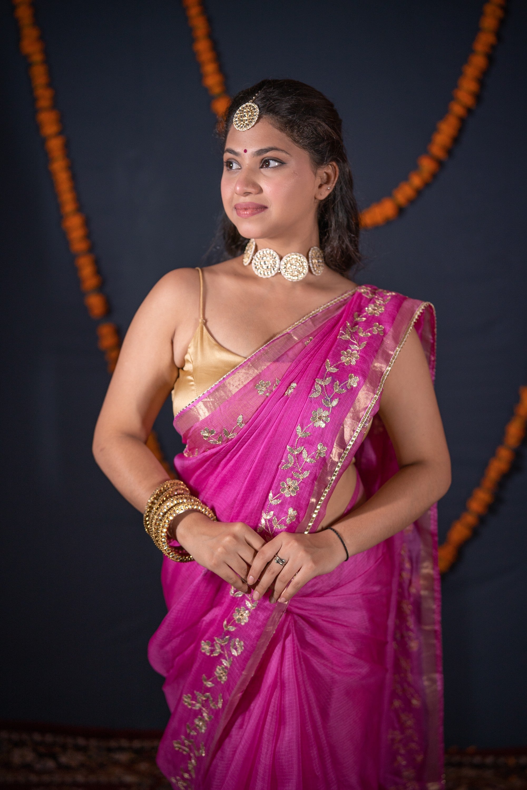 Madhurima- Pink Floral Gota Saree