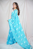 Azure Leaf Whisper - Sky Blue Saree with Leaf Embroidery