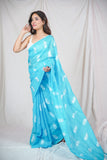 Azure Leaf Whisper - Sky Blue Saree with Leaf Embroidery