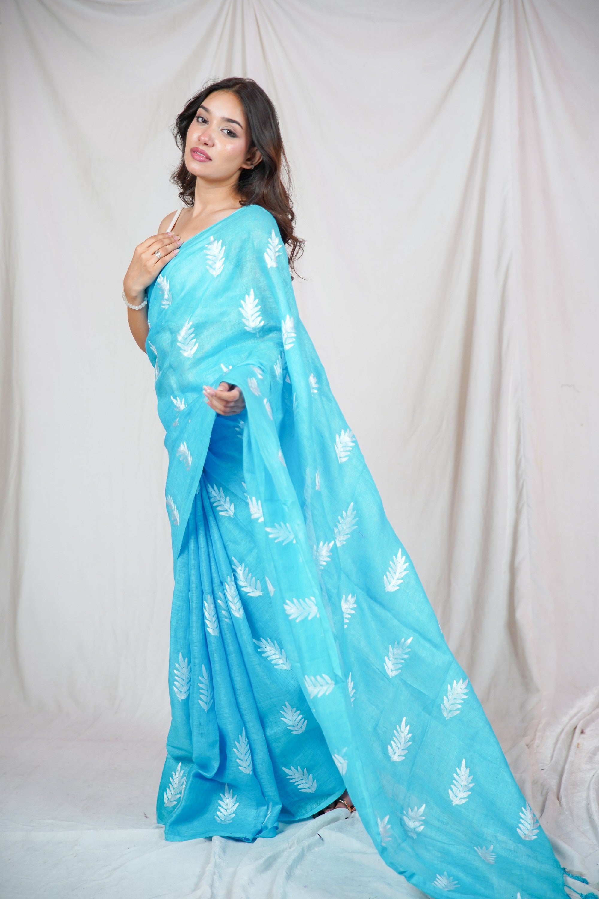 Azure Leaf Whisper - Sky Blue Saree with Leaf Embroidery