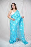 Azure Leaf Whisper - Sky Blue Saree with Leaf Embroidery