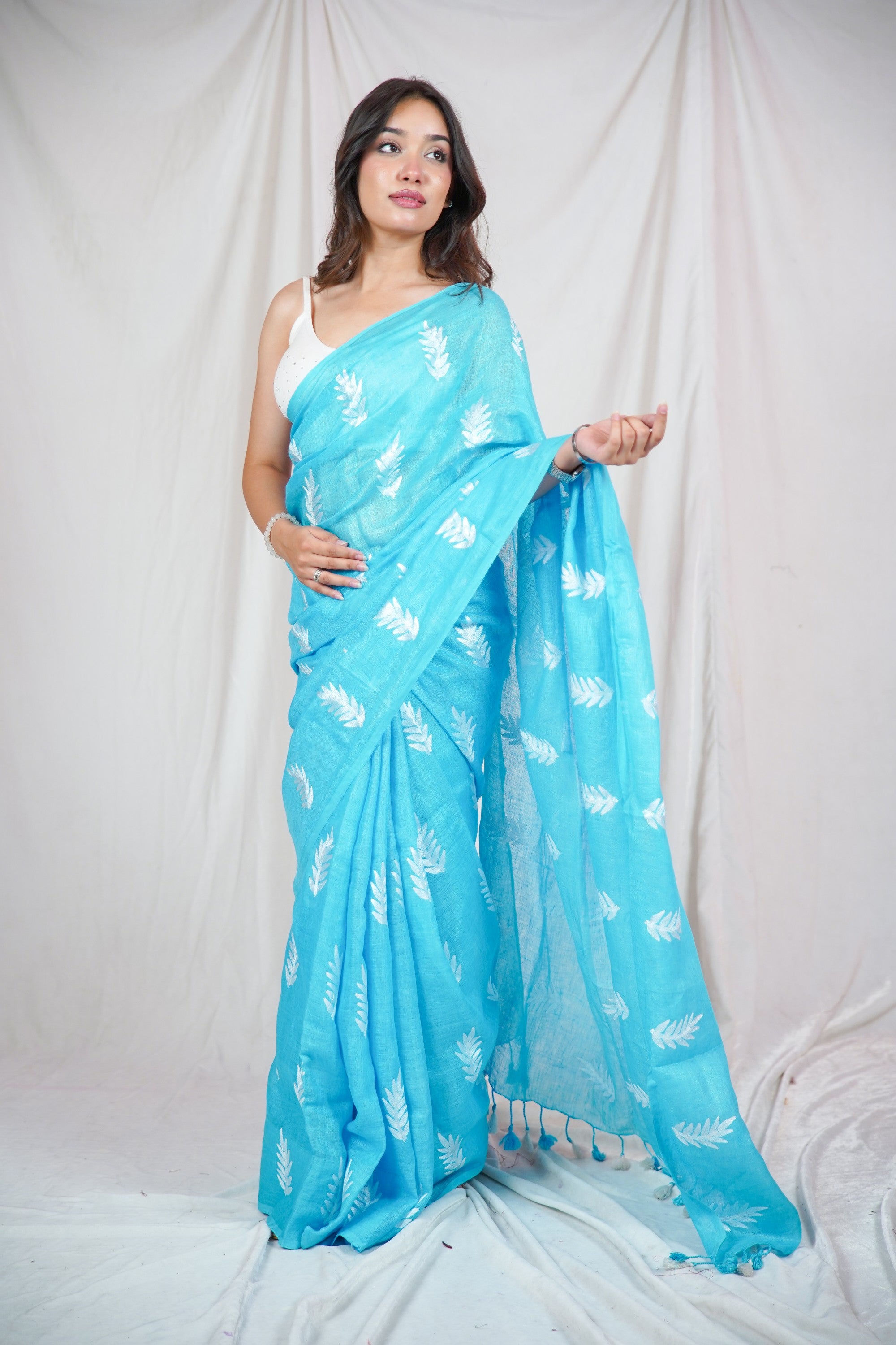 Azure Leaf Whisper - Sky Blue Saree with Leaf Embroidery