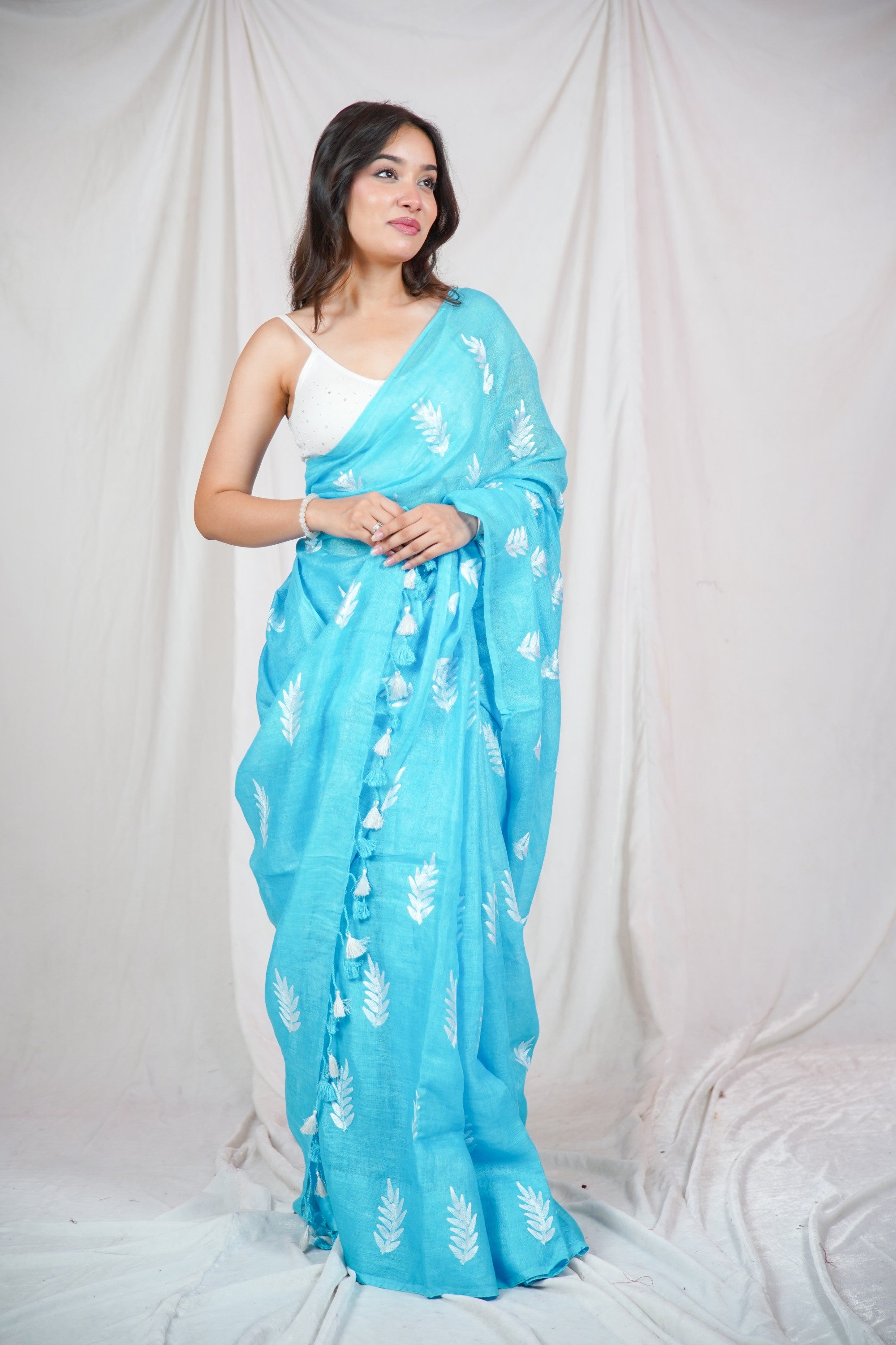 Azure Leaf Whisper - Sky Blue Saree with Leaf Embroidery