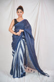 Silver Waves- Navy Blue Linen Saree