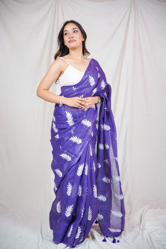 Lavanya Leaf - Purple Saree with Intricate Leaf Embroidery