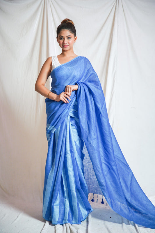 Celestial Silver - Blue Linen Saree