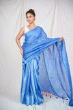 Celestial Silver - Blue Linen Saree