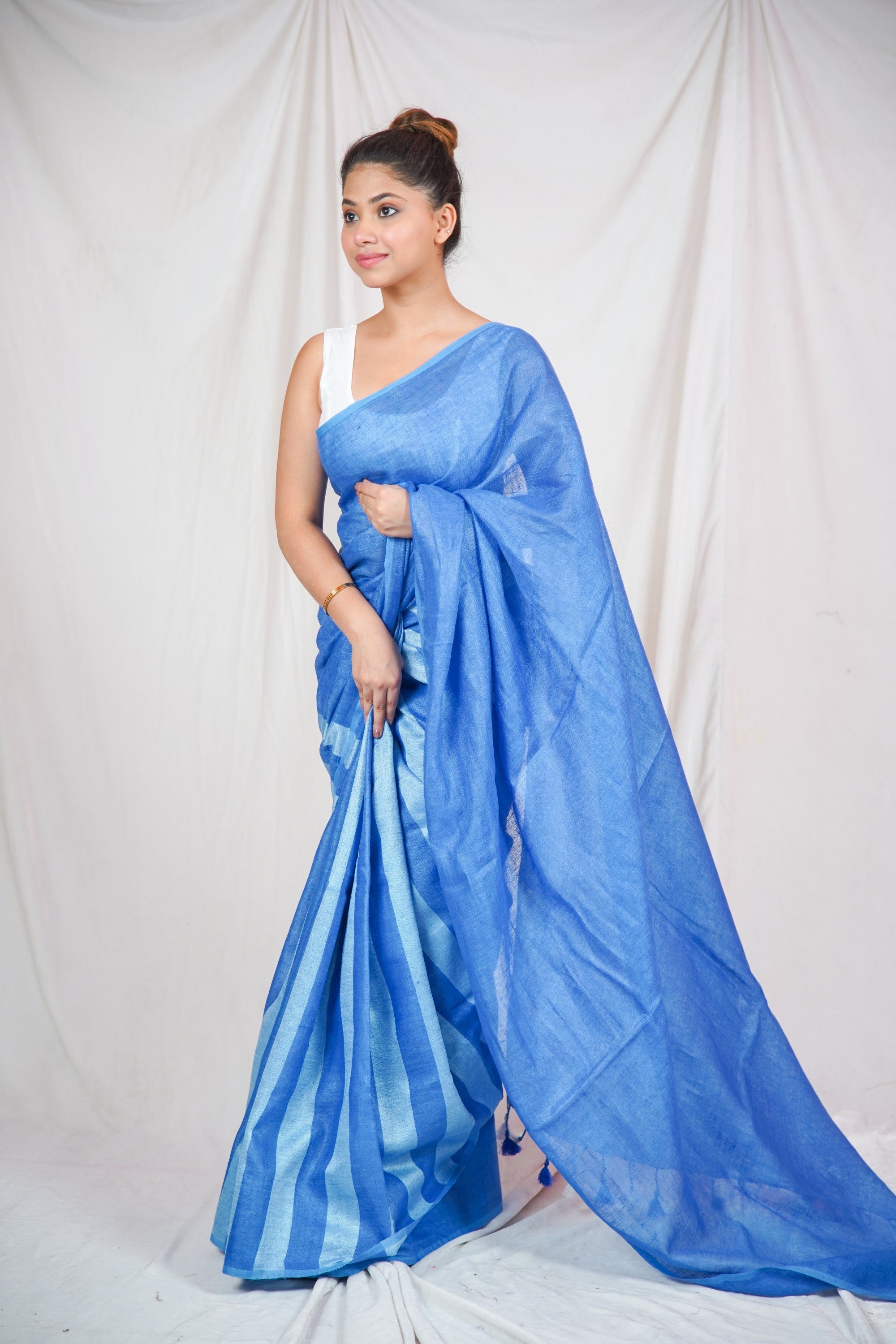Celestial Silver - Blue Linen Saree