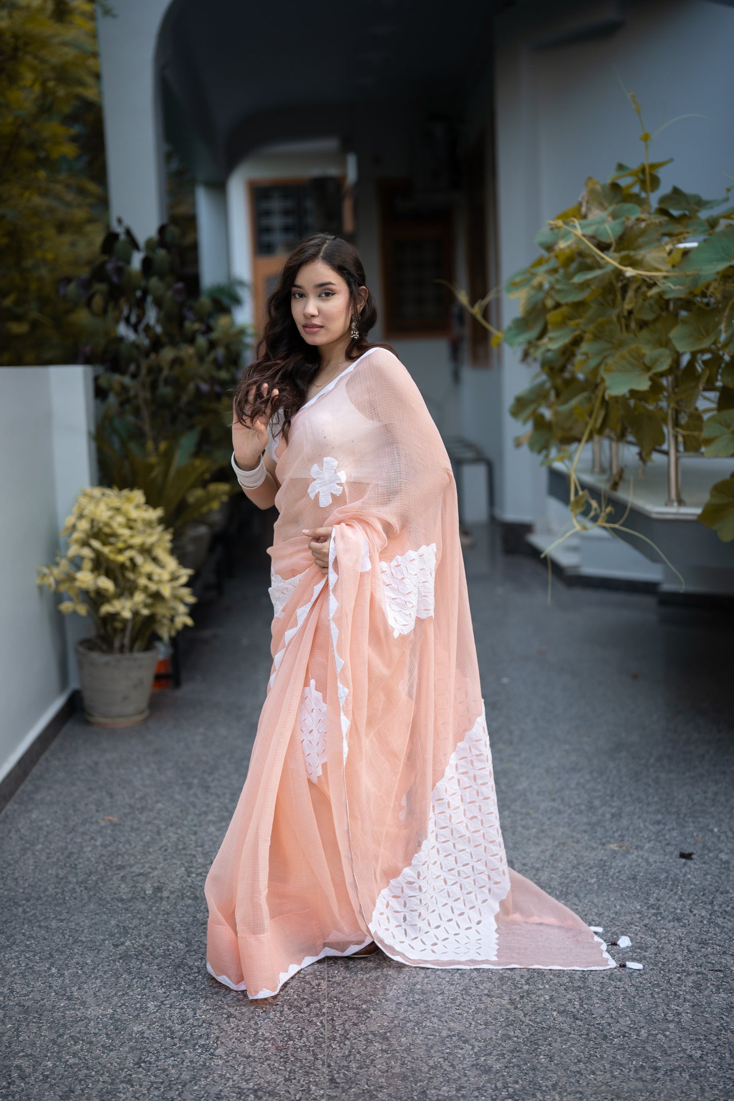 Myraa- Peach Saree with white applique work