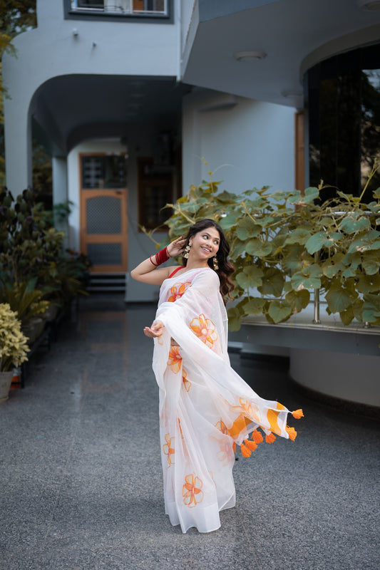 Gazania- Handpainted Kota Doria Saree