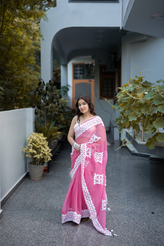Pakhi - Pink Doria Saree with applique