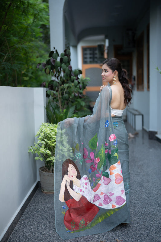 Sleeping Beauty- Handpainted Kota Doria Saree