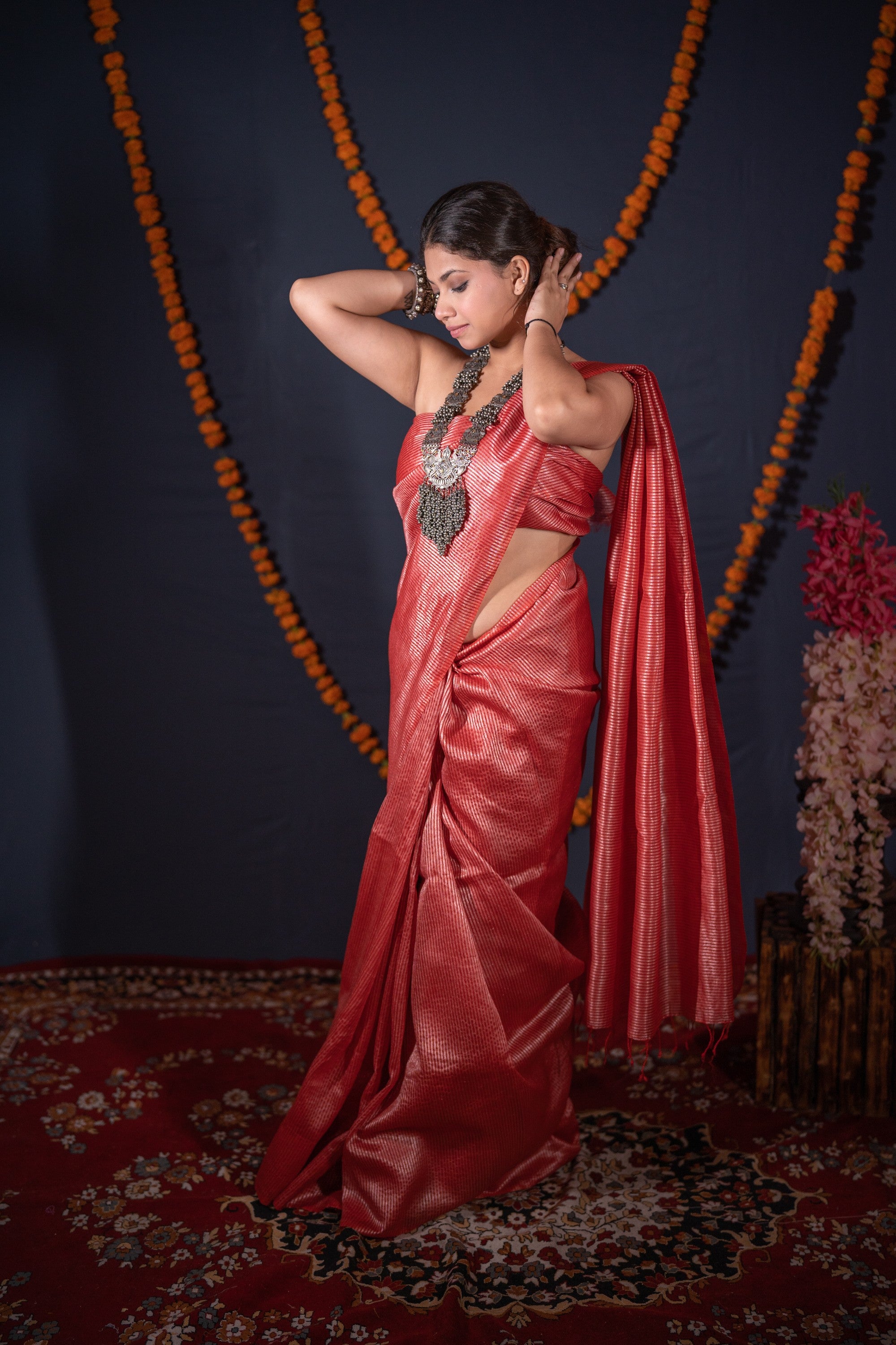 Anandi - Red Striped Zari Linen Saree