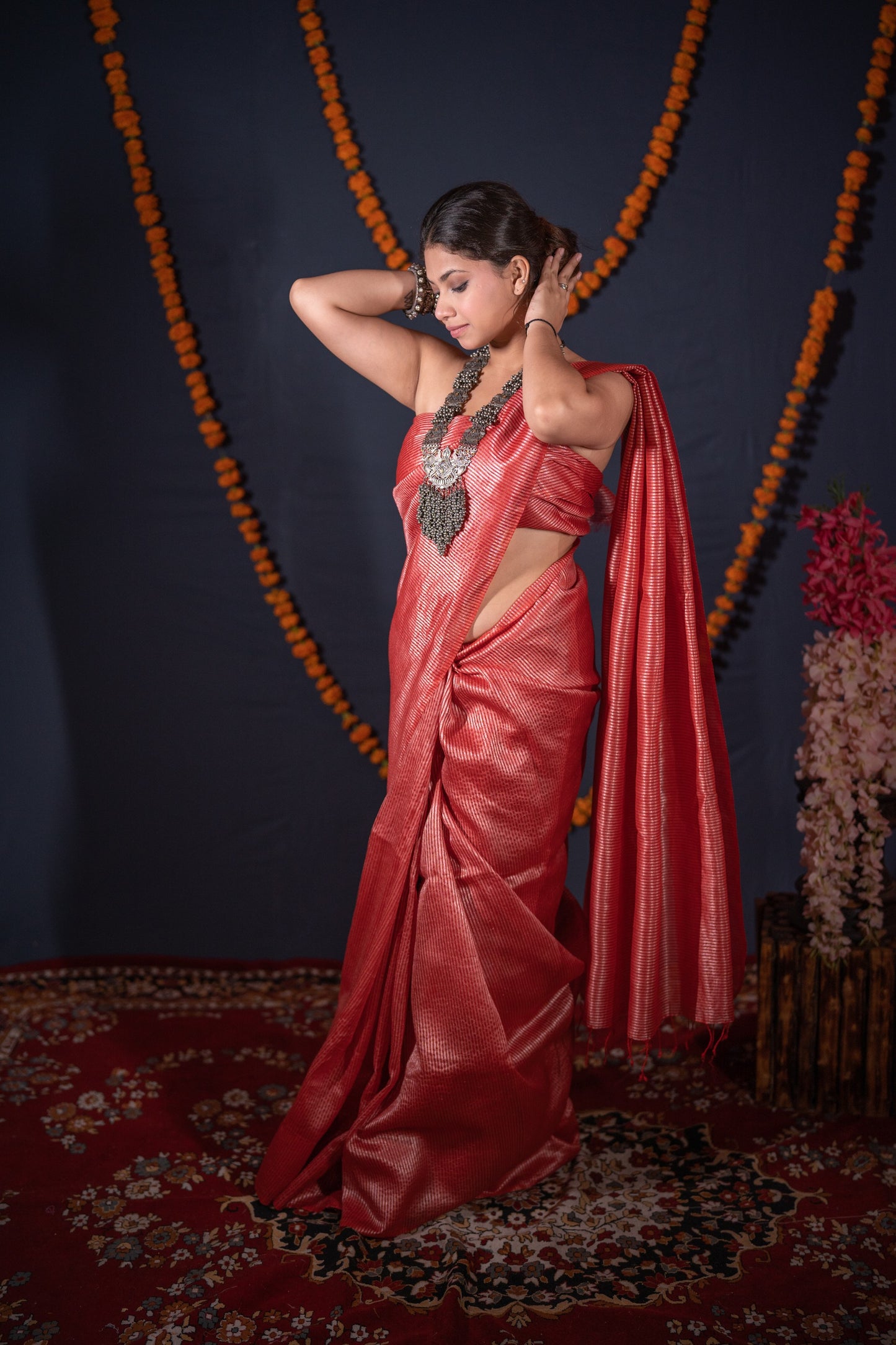 Anandi - Red Striped Zari Linen Saree