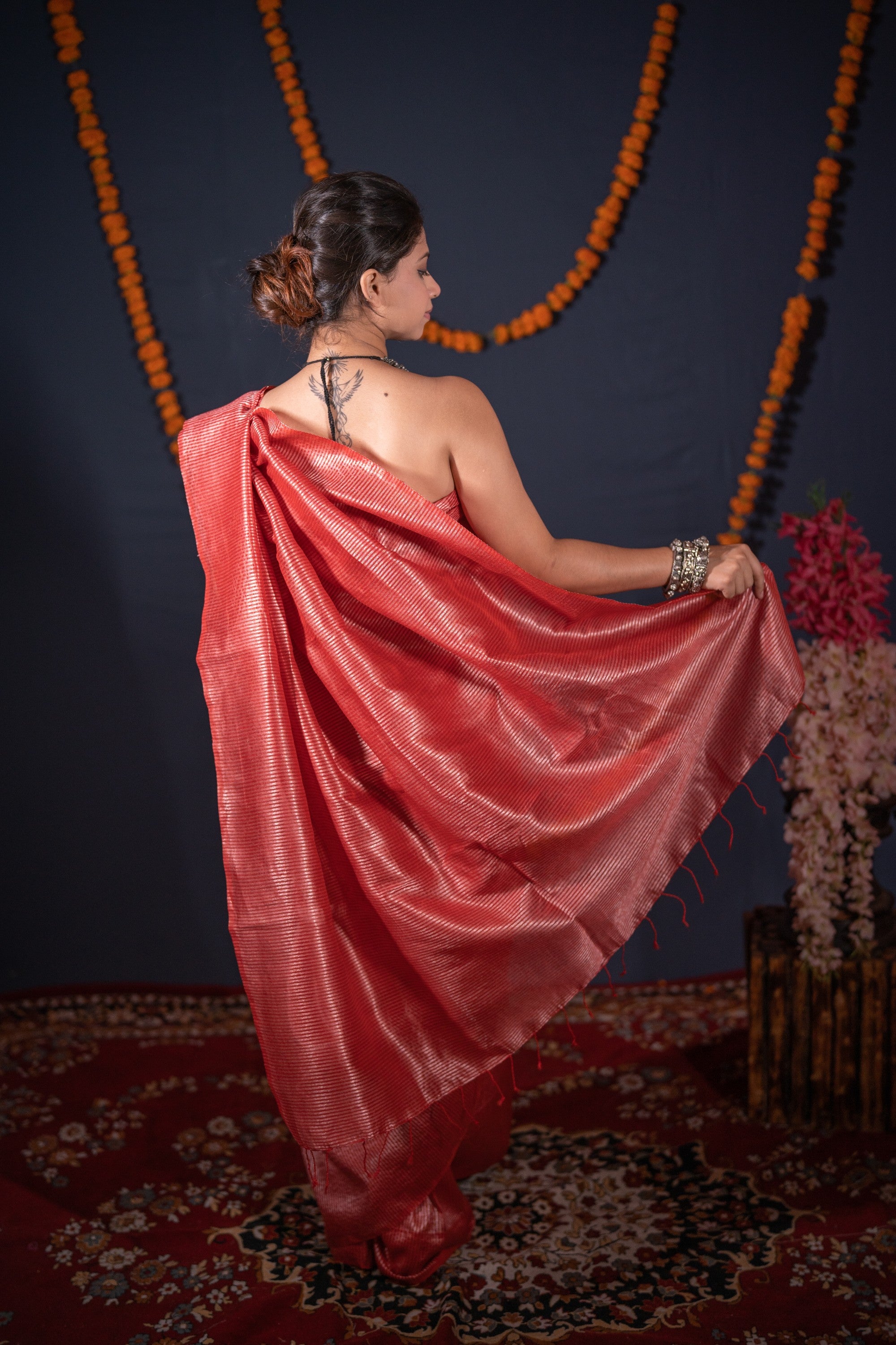 Anandi - Red Striped Zari Linen Saree