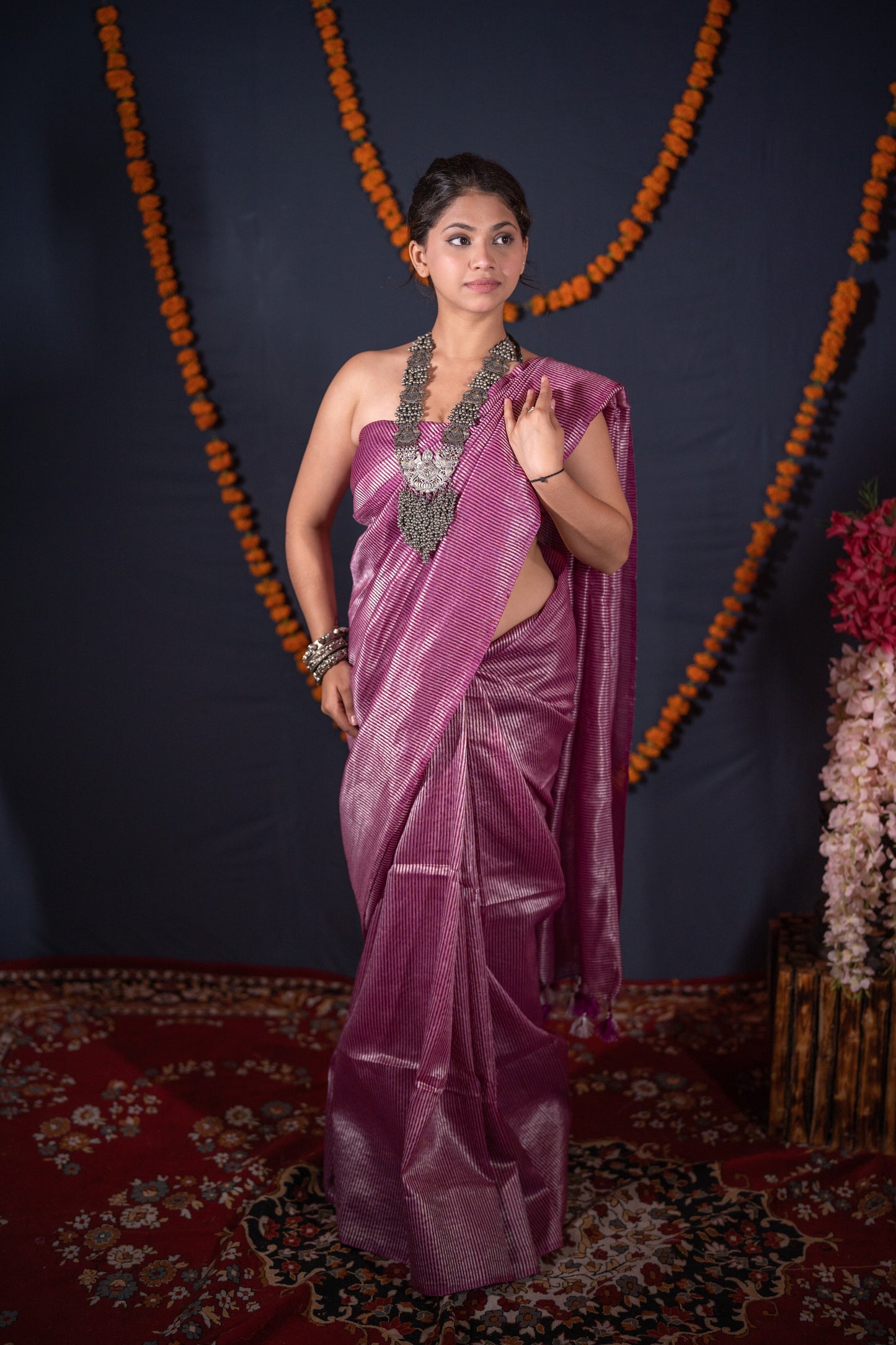 Vaanya- Purple Striped Zari Linen Saree