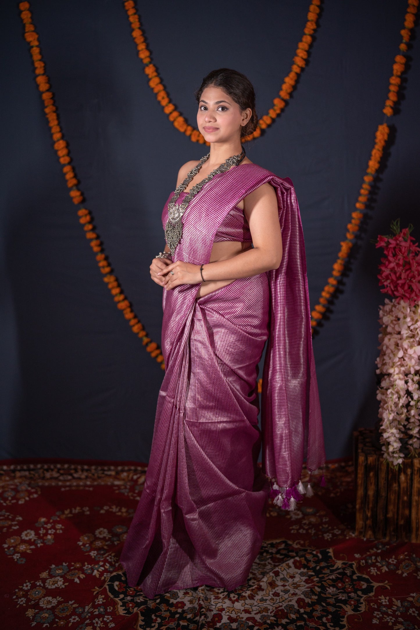 Vaanya- Purple Striped Zari Linen Saree