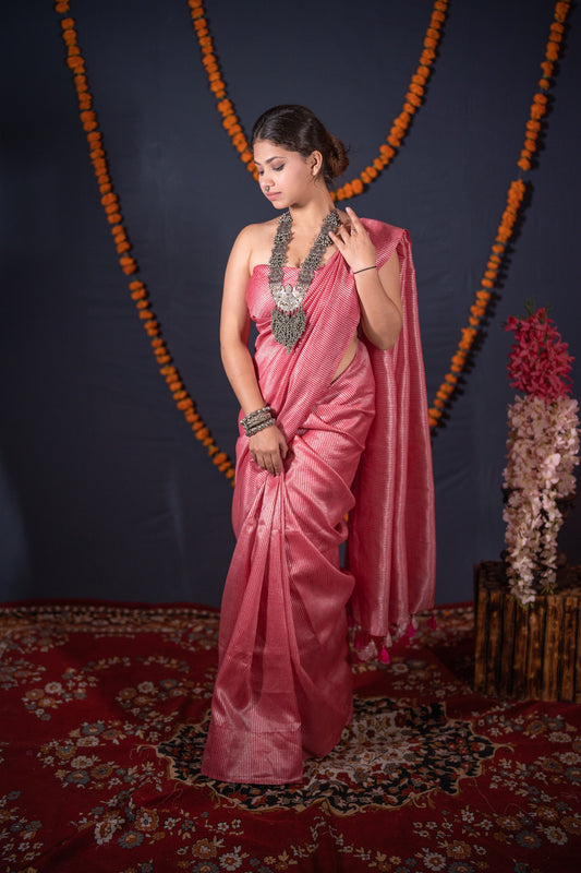Dhaara - Pink Striped Zari Linen Saree