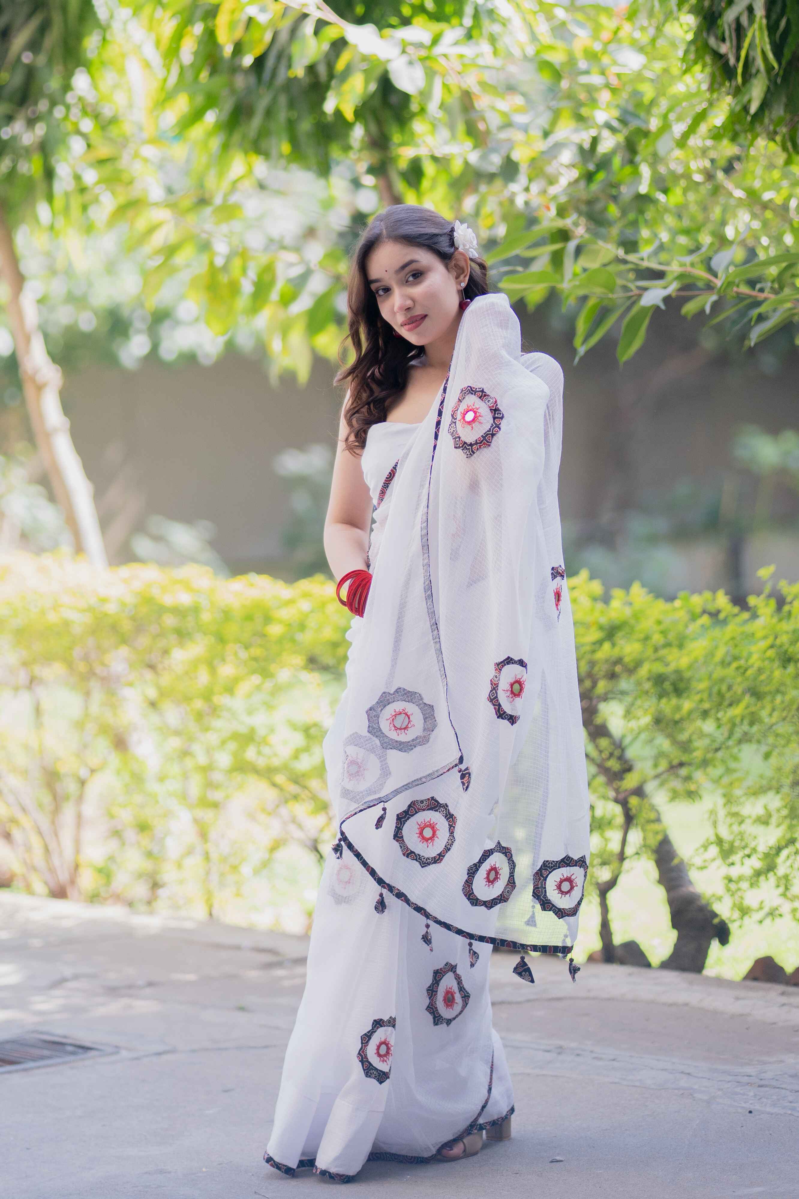 Nandini- White Applique Kota Saree
