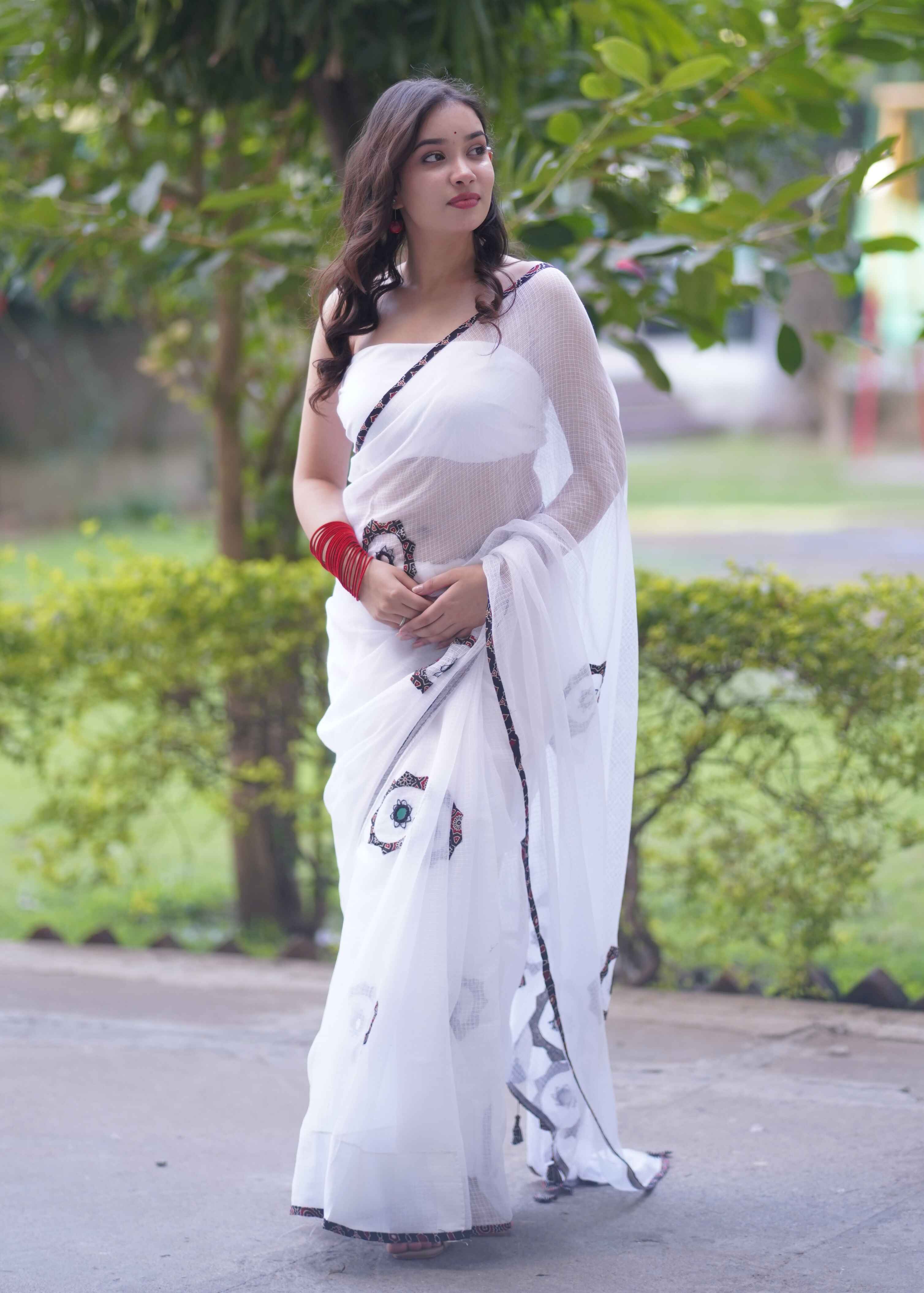 Nandini- White Applique Kota Saree