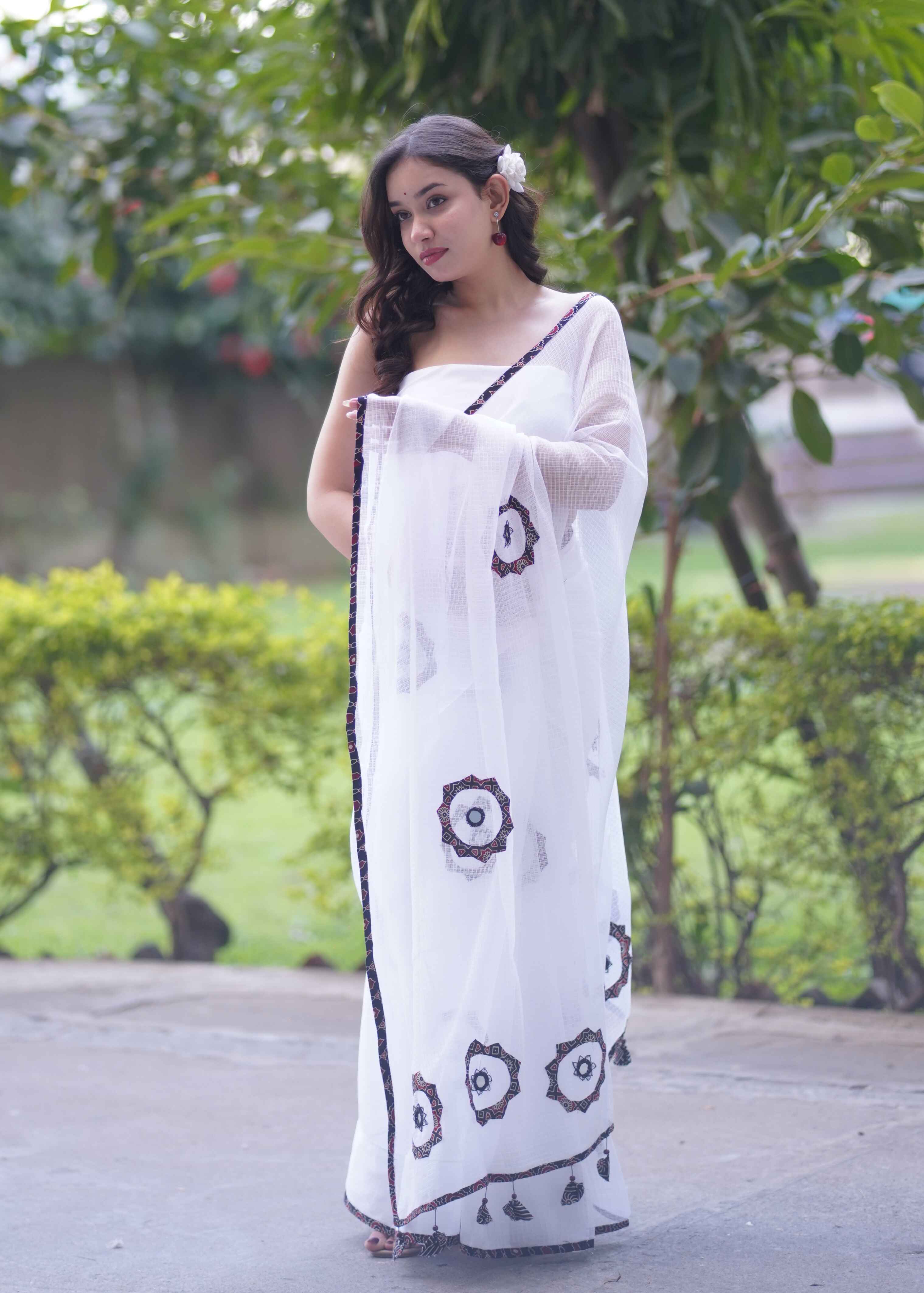 Nandini- White Applique Kota Saree