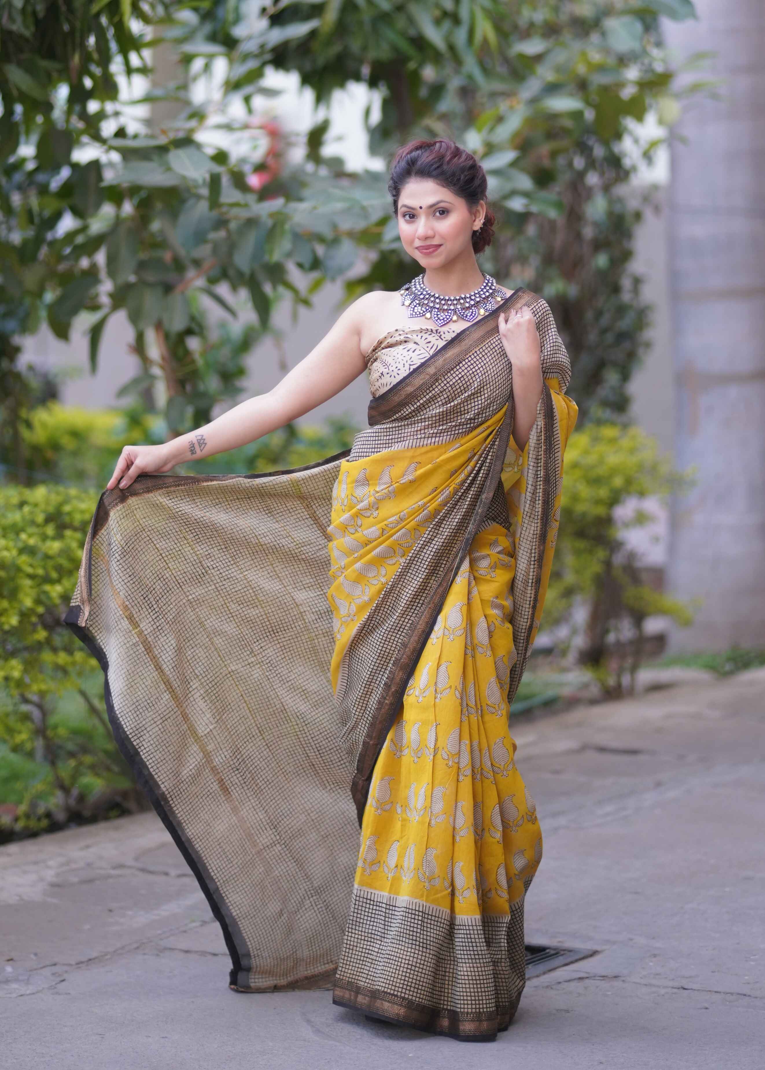 Swarnjaya- Yellow Maheshwari Silk Saree