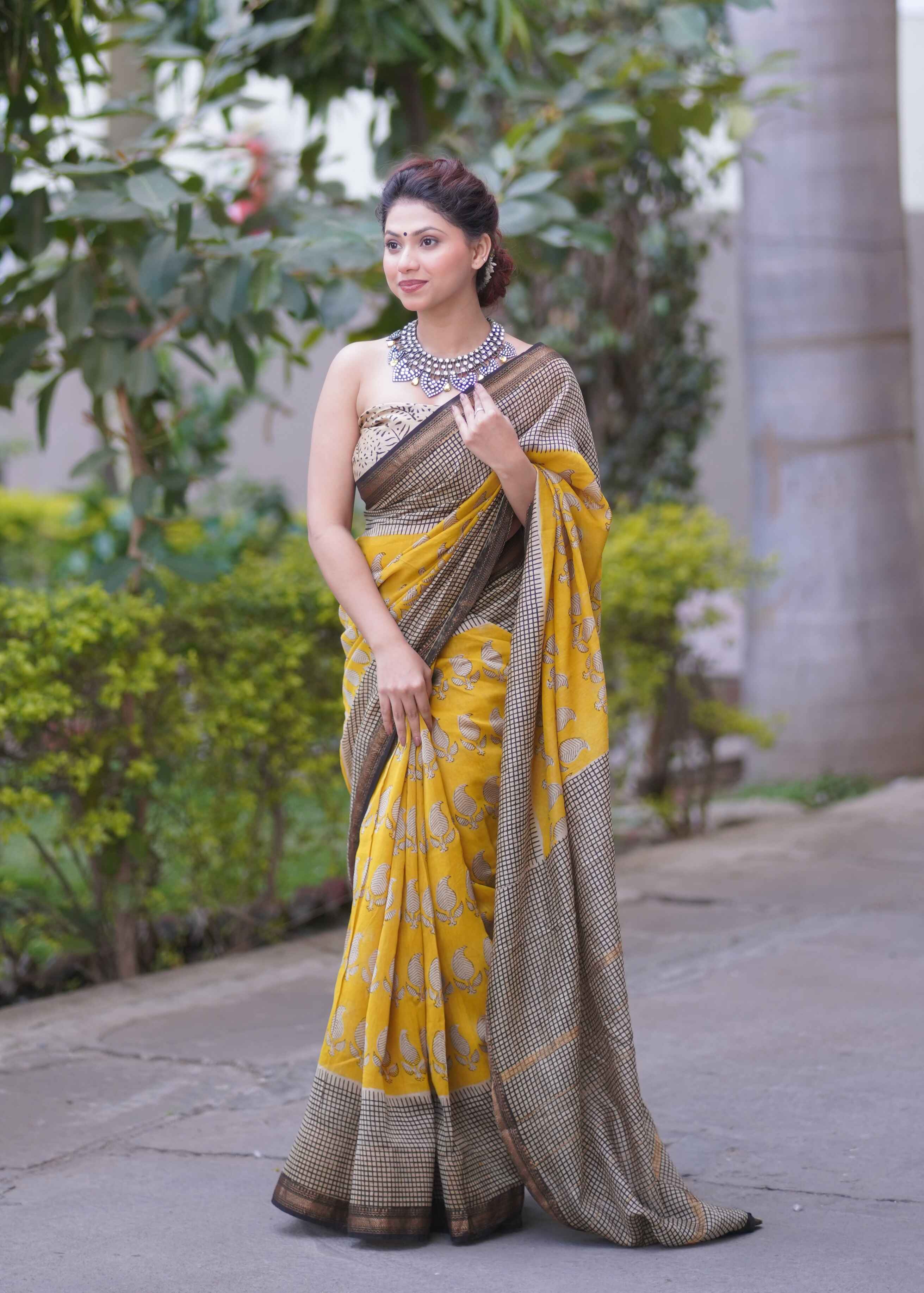Swarnjaya- Yellow Maheshwari Silk Saree