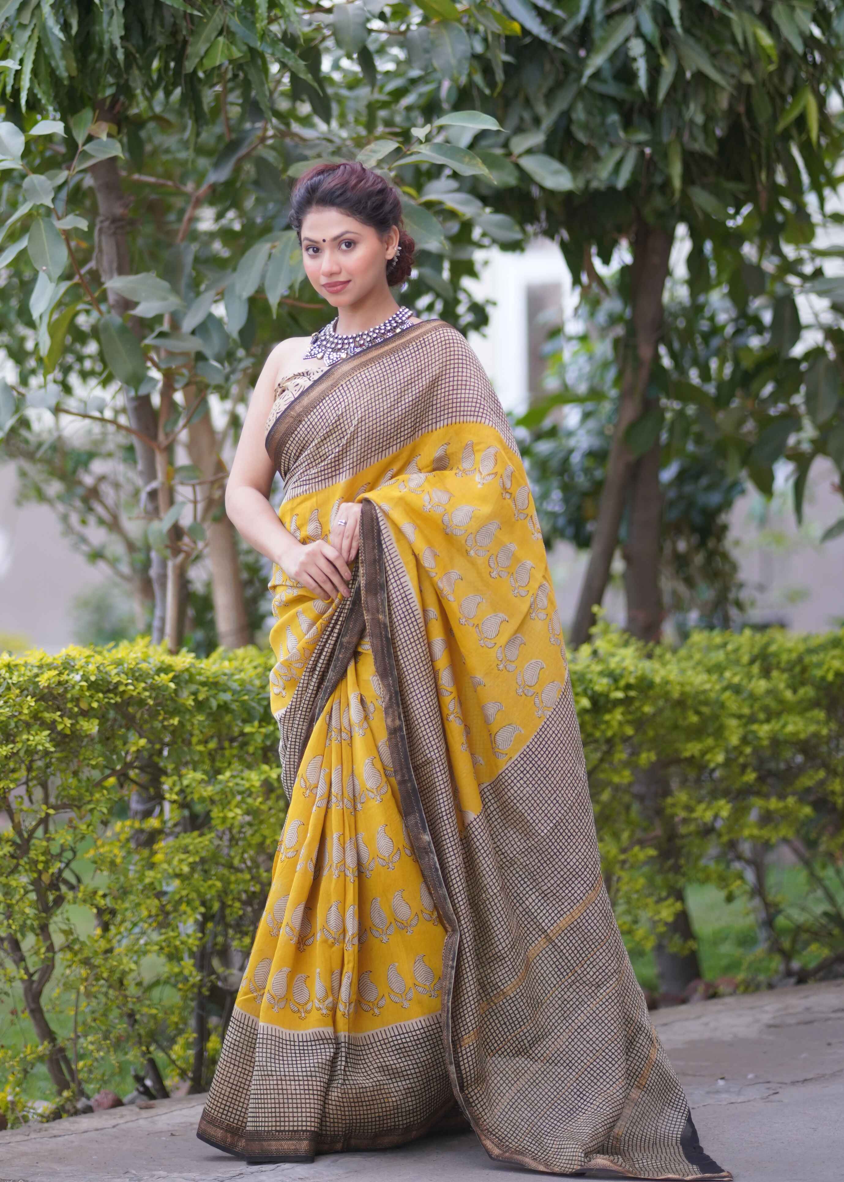 Swarnjaya- Yellow Maheshwari Silk Saree