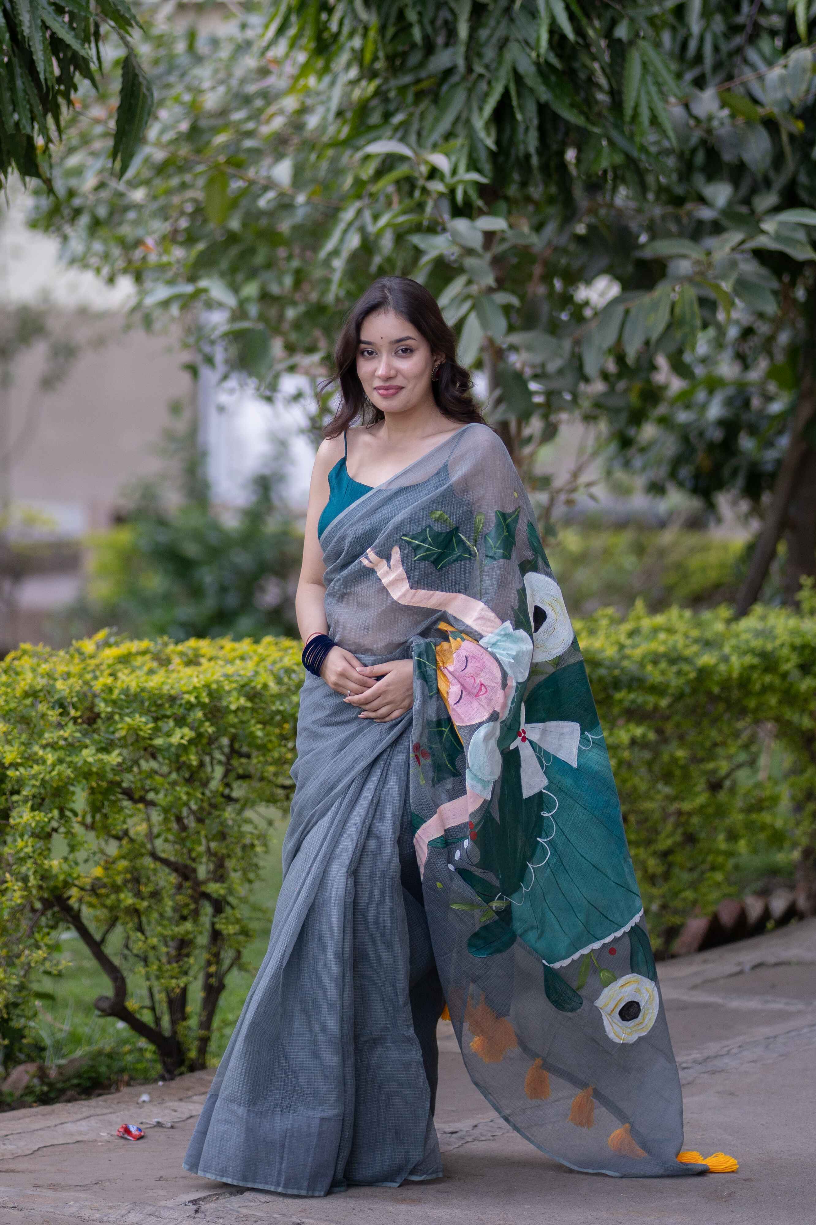 Rhythm & Grace- Grey Handpainted Saree