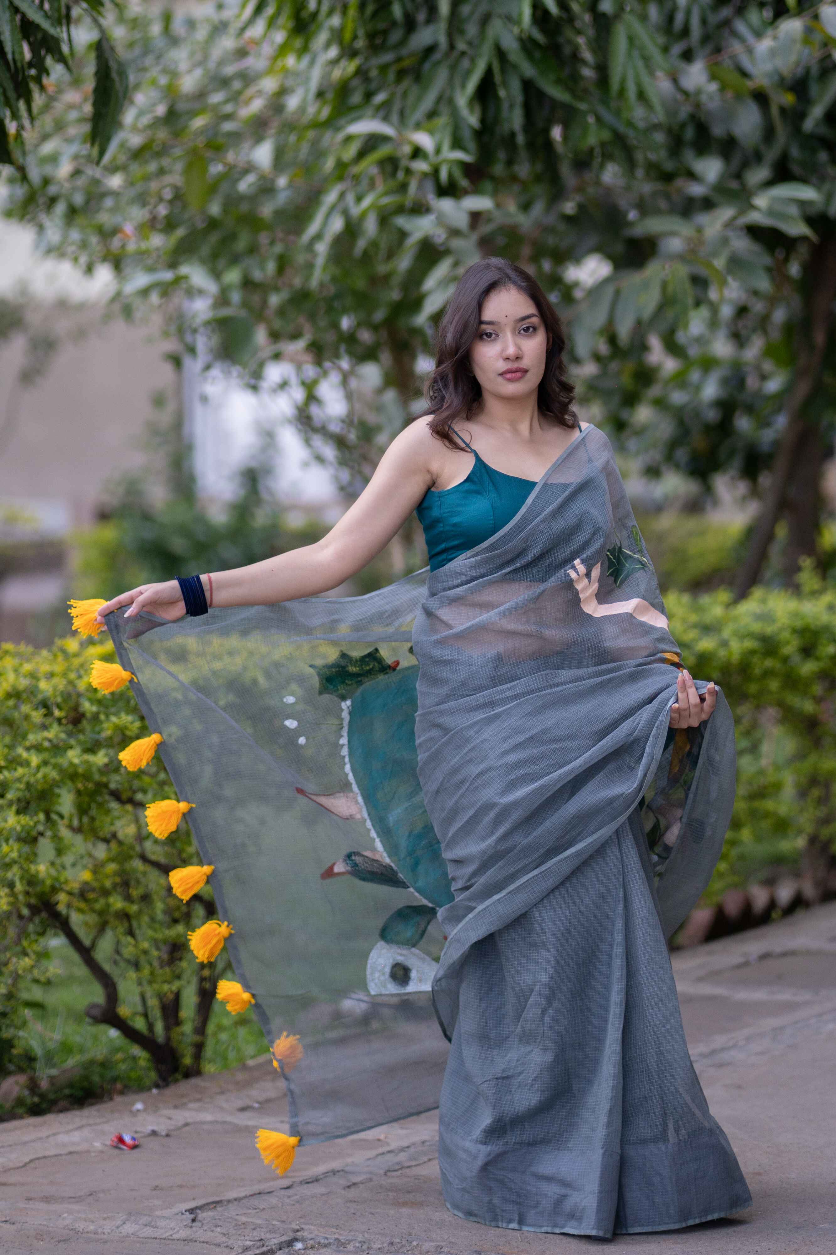 Rhythm & Grace- Grey Handpainted Saree