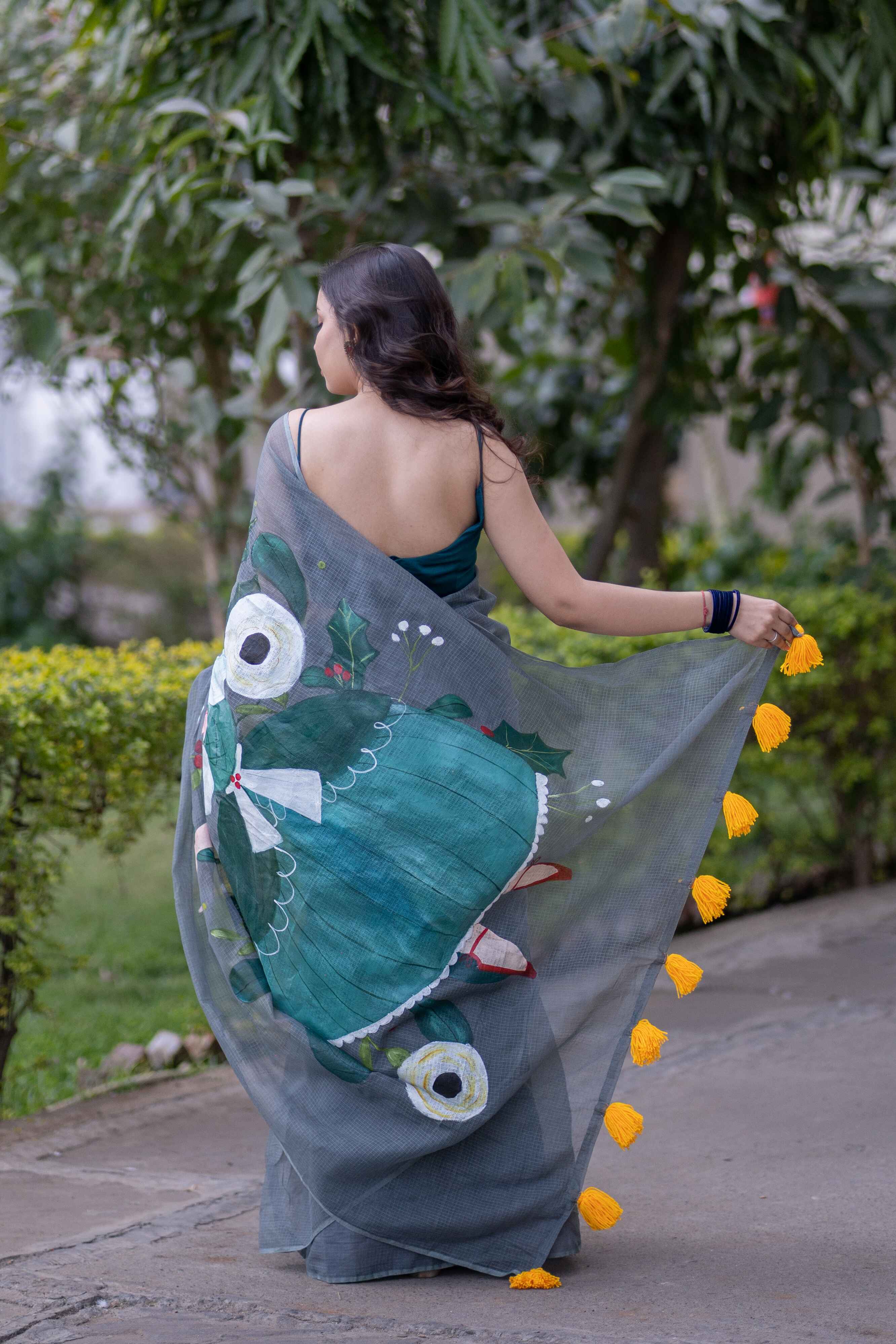 Rhythm & Grace- Grey Handpainted Saree
